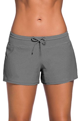 Yavero Shorts de Baño Mujer Bañador Short Deportes Acuáticos Shorts de Natación Secado Rápido Bikini Short Cortos con Cordón Ajustables Gris S