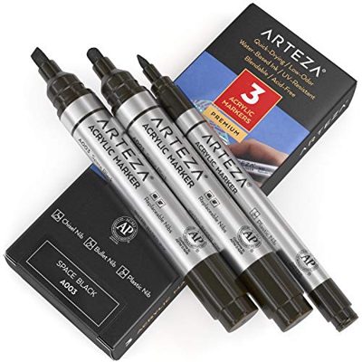 Arteza Rotuladores para pintar, pack de 3, A003 Negro Espacial, 2 rotuladores punta gruesa (cincel y bala) y de punta 1 fina, acrílico para metal, lie