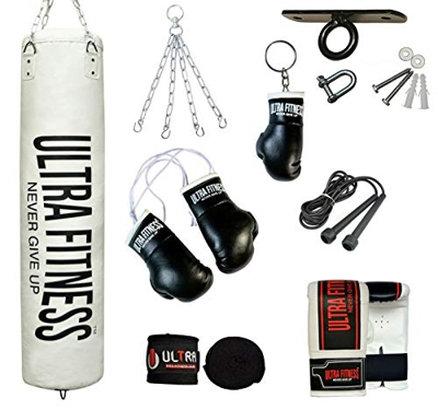 ULTRA FITNESS - Juego de saco de boxeo relleno pesado de 1,2 m o 1,5 m con gancho para el techo, blanco, 1,52 m