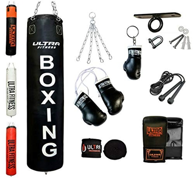 ULTRA FITNESS - Juego de saco de boxeo relleno pesado de 1,2 m o 1,5 m con gancho para el techo, negro, 4 pies