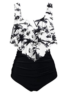 Aidotop Bañador para Mujer Top con Volantes Cintura Alta Traje de baño Trajes de baño de Dos Piezas Bikini Sets(1black Coconut, 10-12(M))