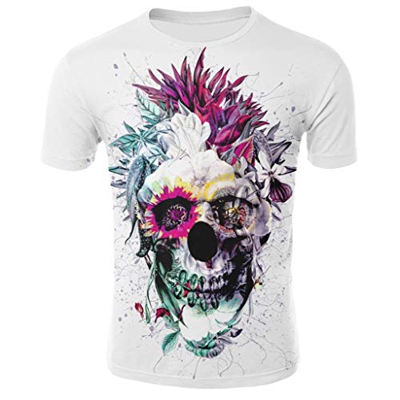 Yue668 - Camiseta de manga corta para hombre, diseño de calavera y flor, Hombre, blanco, medium