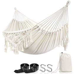 Anyoo Hamaca de algodón con borlas Hamaca compacta portátil para Exteriores con Bolsa de Transporte para jardín Patio Porche Patio, Carga 200 kg en oferta