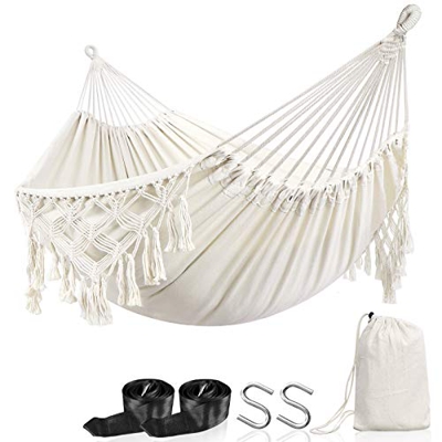 Anyoo Hamaca de algodón con borlas Hamaca compacta portátil para Exteriores con Bolsa de Transporte para jardín Patio Porche Patio, Carga 200 kg
