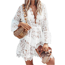 Vestido de Playa Mujer Pareos y Camisola Sexy Hueco Bikini Cover up Suelto de Manga Larga Ropa Traje de Baño Punto de Encaje con Cuello en V Blanco M en oferta