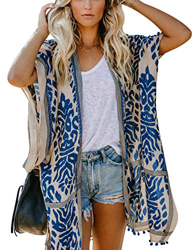Mujeres Verano Kimono Cardigan Casual Ropa de Playa Pareos Retro Impreso Blusa Larga Tops Manga Corta (Talla única, Azul) características