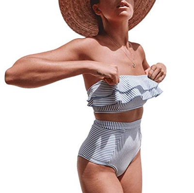 DURINM Conjuntos De Bikini Rayas Talle Alto Retro Brasileños Mujer Sexy Traje De Baño Cuello Halter Strapless Top Bikini Push Up Anudado Tanga Braga B