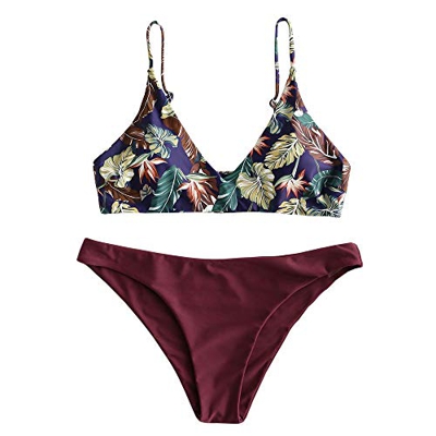 ZAFUL - Bikini para mujer, de 2 piezas, diseño de hoja tropical rojo vino L