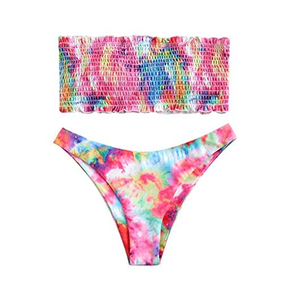 ZAFUL Tie Dye - Bikini con volantes ahumado y sin tirantes para mujer Multi-a S