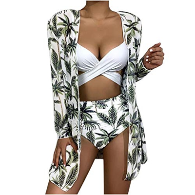 Mujeres 2021 Moda Bikini, Moda Impreso Sexy Bikini Sujetador Push-Up Traje de baño Acolchado Traje de baño Conjunto de Ropa de Playa (Blanco, L)