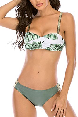 JFAN Traje de Baño de Mujer Cinturón Dorado Acolchado Bra Tops de Bikini Conjunto de Bikini de Color Liso Push Up Swimwear Dos Piezas Trajes de Baño D