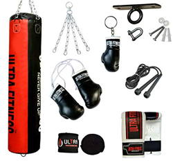 ULTRA FITNESS - Juego de saco de boxeo relleno pesado de 1,2 m o 1,5 m con gancho para el techo, negro/rojo, 4 pies características