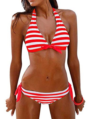 Voqeen Mujer Bikini Rayas Cabestro Traje de baño Acolchado Ropa de Playa de Dos Piezas (Rojo, L)