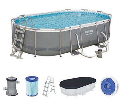Bestway 56448 de GS19 Power Steel Pool 488 x 305 x 107 cm, Ovalado Marco de Acero Juego de Piscina con Bomba de Filtro y Accesorios, Gris