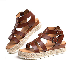 Sandalias Mujer Alpargatas Plataformas Romano Cuña Hebilla Gladiador Zapatos Verano Playa Punta Abierta Tacon 5.7cm Correa de Tobillo 5-Marrón-Claro E en oferta