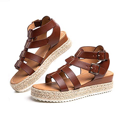 Sandalias Mujer Alpargatas Plataformas Romano Cuña Hebilla Gladiador Zapatos Verano Playa Punta Abierta Tacon 5.7cm Correa de Tobillo 5-Marrón-Claro E