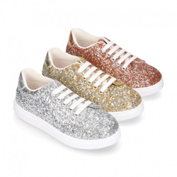 Zapatilla Niña Okaa Con Cordones En Piel Con Glitter. 30 Plata precio