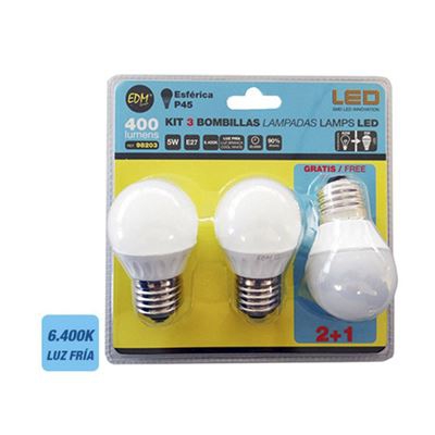 Kit bombillas LED esféricas 2+1 Gratis 5W E27 EDM FRIA 6400K