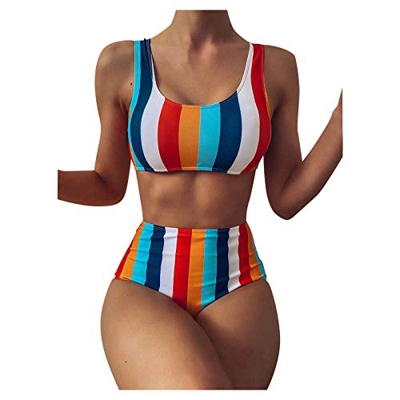 MOMOJIJI Mujer Conjunto de Bikini Dividido, Mujeres Bikini Rayas Traje de Baño Ropa de Playa de Dos Piezas, Sujetador Acolchado Sin Respaldo Push-up B