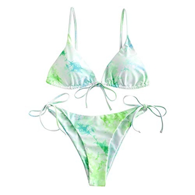 ZAFUL Mujer Bikini Conjunto, Copa Triangular de Encaje con Estampado Tie Dye (Verde, S)