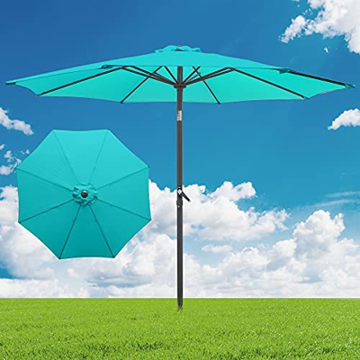 ECD Germany Sombrilla de Playa Ø 300 cm de Aluminio Redonda Turquesa Parasol de Jardín con Manivela con Protección UV Inclinable/Plegable con 6 Costil