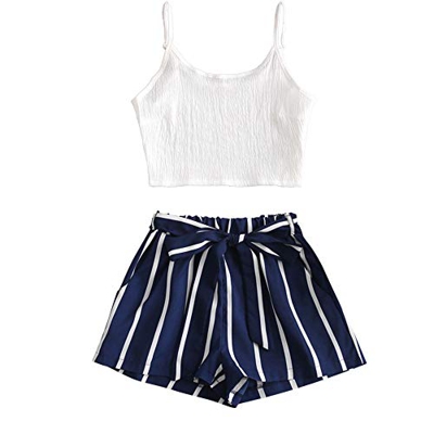 ZAFUL Conjunto de camiseta y pantalones cortos para mujer con estampado floral Azul profundo. L