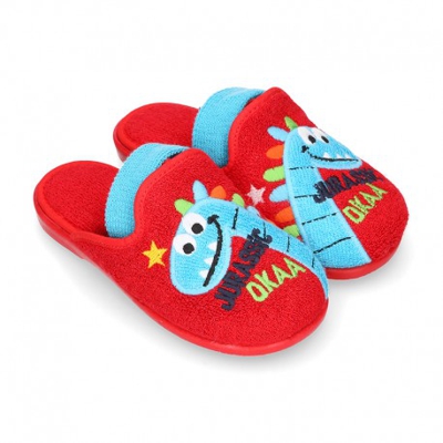 Zapatilla Casa Niños Dinosaurio Con Elástico En Toalla. 26 Rojo