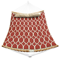 SONGMICS Hamaca, Hamaca con Barras separadoras de bambú Curvas Desmontables, Almohada, 200 x 140 cm, Carga 225 kg, Rojo y Rombo Beige GDC034R02 características