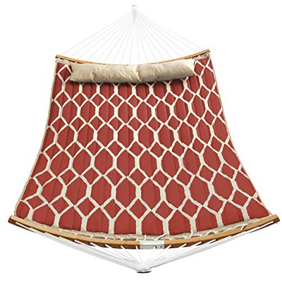 SONGMICS Hamaca, Hamaca con Barras separadoras de bambú Curvas Desmontables, Almohada, 200 x 140 cm, Carga 225 kg, Rojo y Rombo Beige GDC034R02