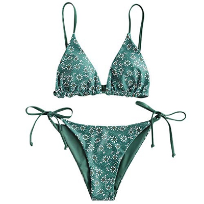 ZAFUL Conjunto de bikini reversible para mujer, diseño floral verde S