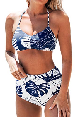 CUPSHE Conjunto de Bikini Fruncido Delantero Braguita Estampada, Azul, L