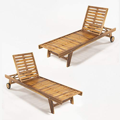 Pack 2 tumbonas para jardín con Ruedas, Reclinable, Madera Teca Grado A, Tamaño: 65x200x35 cm, Tratamiento al Agua aplicado