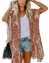 Mujeres Verano Kimono Cardigan Casual Ropa de Playa Pareos Retro Impreso Blusa Larga Tops Manga Corta (Talla única, Naranja) precio