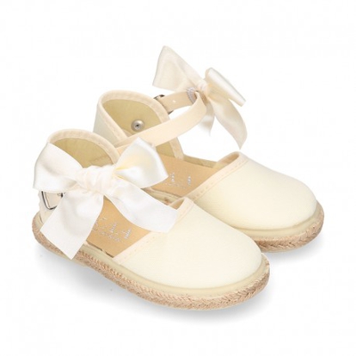 Alpargata Niña Con Lazo Seda En Lona Piqué Algodón Beige. 28 Beige