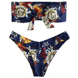 ZAFUL - Bikini bandeau de dos piezas sin tirantes de corte alto con estampado floral para mujer características