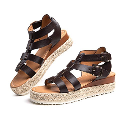 Sandalias Mujer Alpargatas Plataformas Romano Cuña Hebilla Gladiador Zapatos Verano Playa Punta Abierta Tacon 5.7cm Correa de Tobillo 5-Marrón-Oscuro 
