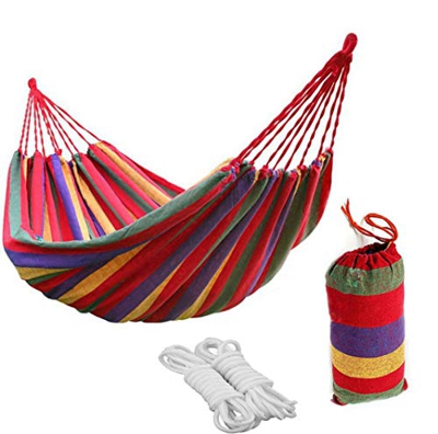 Hamaca clásica duradera de algodón, transpirable, soporta hasta 150-200 kg, portátil, con bolsa de transporte (rayas rojas/de colores, 80)