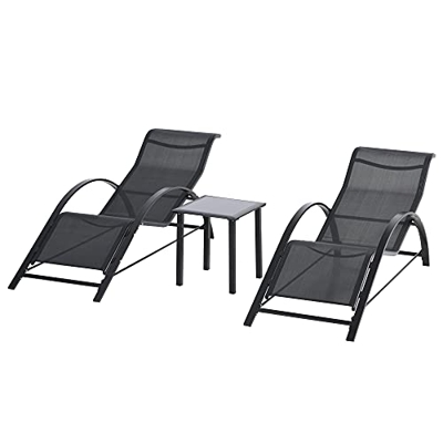 Outsunny 2 Tumbonas de Jardín 59x169x66 cm con Mesa de Café 41x41x45 cm de Vidrio Templado Reposabrazos para Patio Piscina Terraza Aire Libre Negro
