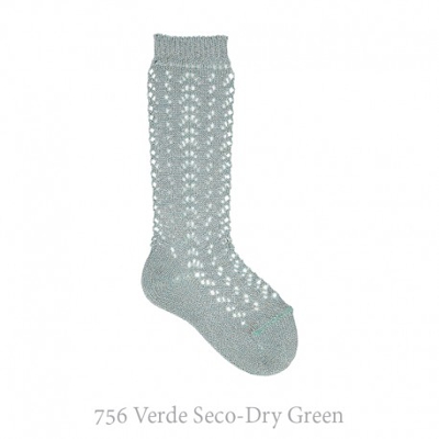 Calcetín Alto Perlé Calado Con Hilo Brillante Condor. 756-verde Seco 1