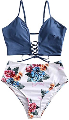 JFAN Mujer Playa Traje de Baño Nudo Delantero de Cintura Alta con Estampado Floral Correas Trenzadas Conjunto de Bikini