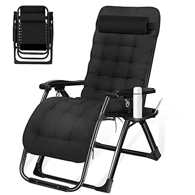 Silla reclinable Plegable, Silla de Gravedad Cero con portavasos y Cojines, Silla Tumbona Ajustable Extra Ancha para Patio, jardín, Playa, Piscina, Ca