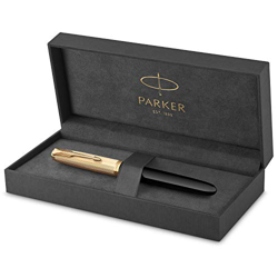 Parker 51 pluma estilográfica | cuerpo de lujo de color negro con adorno dorado | plumín fino de 18 K con cartucho de tinta negra | estuche de regalo características