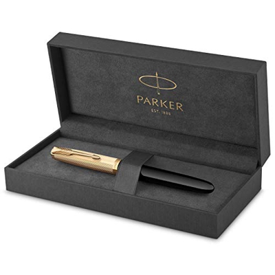 Parker 51 pluma estilográfica | cuerpo de lujo de color negro con adorno dorado | plumín fino de 18 K con cartucho de tinta negra | estuche de regalo