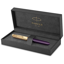 Parker 51 pluma estilográfica | cuerpo de lujo de color ciruela con adorno dorado | plumín fino de 18 K con cartucho de tinta negra | estuche de regal características