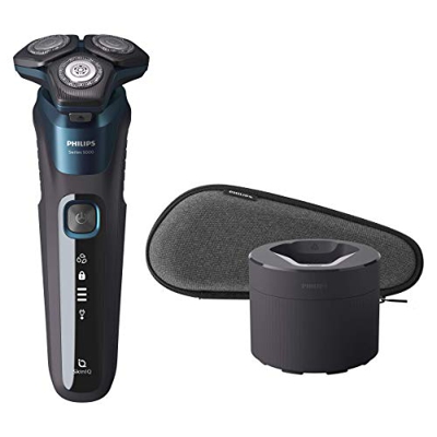 Philips S5000 S5579/50 - Afeitadora eléctrica para hombre con tecnología Skin-IQ, cortapatillas integrada, seco/húmedo, base de limpieza y funda de vi
