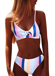 CheChury Mujer Sexy 2 Piezas Conjuntos de Bikini Push Up Trajes de Baño con Cuello Halter Rayas Colorido Conjuntos de Bikini Lazos Delantero Playero B características