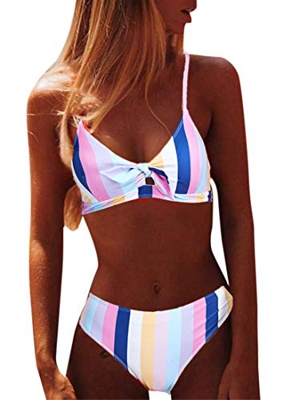 CheChury Mujer Sexy 2 Piezas Conjuntos de Bikini Push Up Trajes de Baño con Cuello Halter Rayas Colorido Conjuntos de Bikini Lazos Delantero Playero B