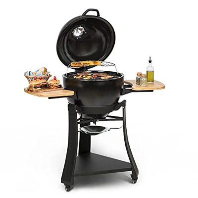 Klarstein Duomo Kamado - Barbacoa de cerámica, Termómetro hasta 350 °C, Succión calor, Mesas laterales plegables de bambú, Rejilla extraíble, Bandeja 