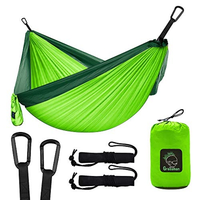 Grassman Hamaca de camping doble y individual con correas de árbol, ligera paracaídas, accesorio de camping, equipo para mochilas, viajes, senderismo,