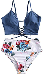 JFAN Mujer Playa Traje de Baño Nudo Delantero de Cintura Alta con Estampado Floral Correas Trenzadas Conjunto de Bikini en oferta
